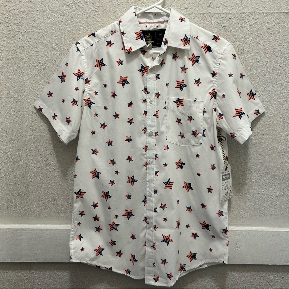 Rugby University Men's 4th of July American Flag Star Button Down Shirt NWT S